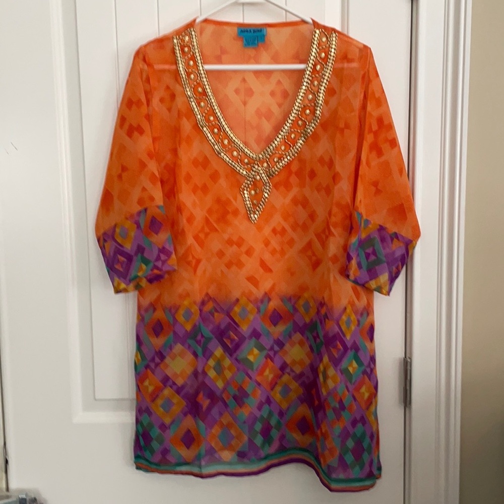 Sheer orange/purple/teal beaded top. Size L